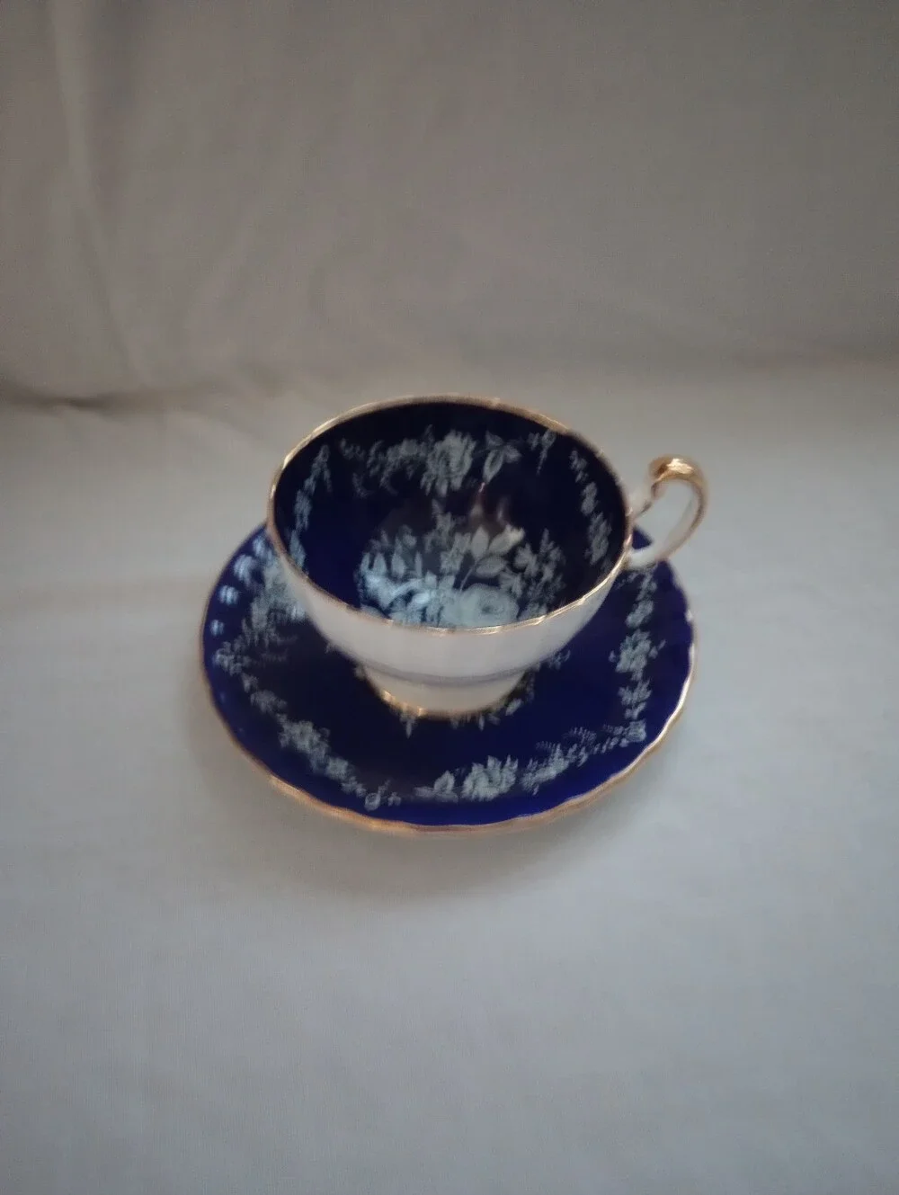 Aynsley English Bone China Cobalt Blue & White Floral Cup & Saucer